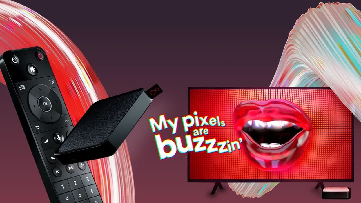 a virgin media stream box pictured with a remote control on a colourful background