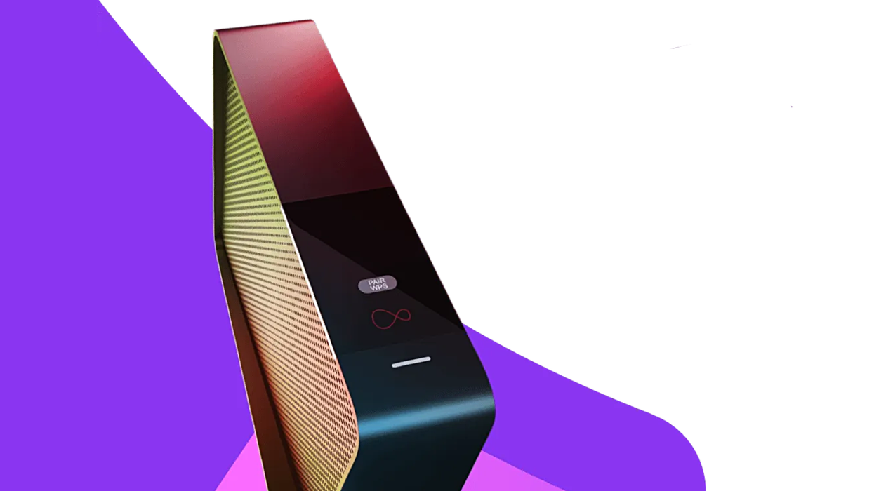 a virgin media wi-fi router pictured with a colourful swirl in the background