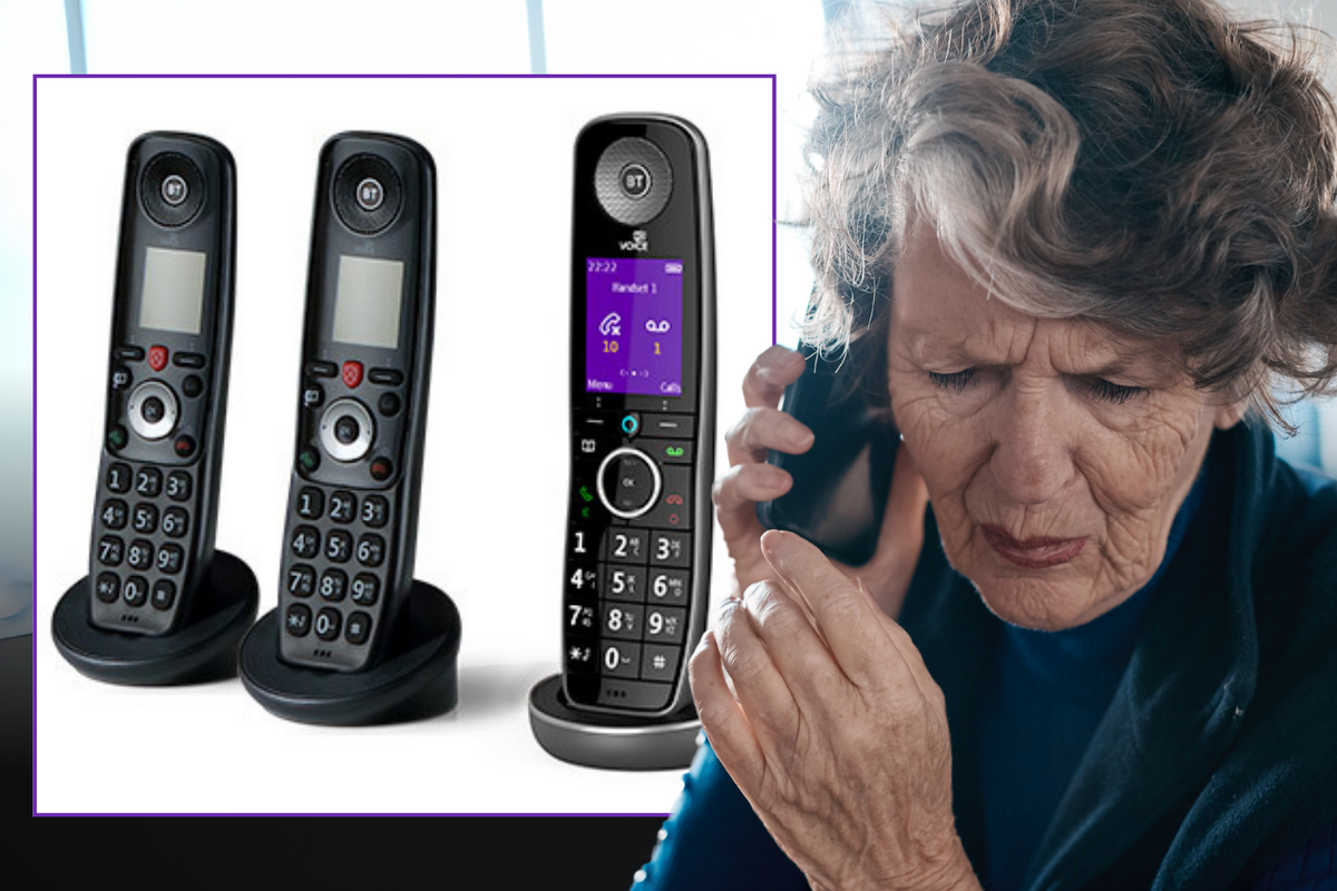 a vulnerable older customer looks sad on the phone with an inset image of BT's digital voice handsets 