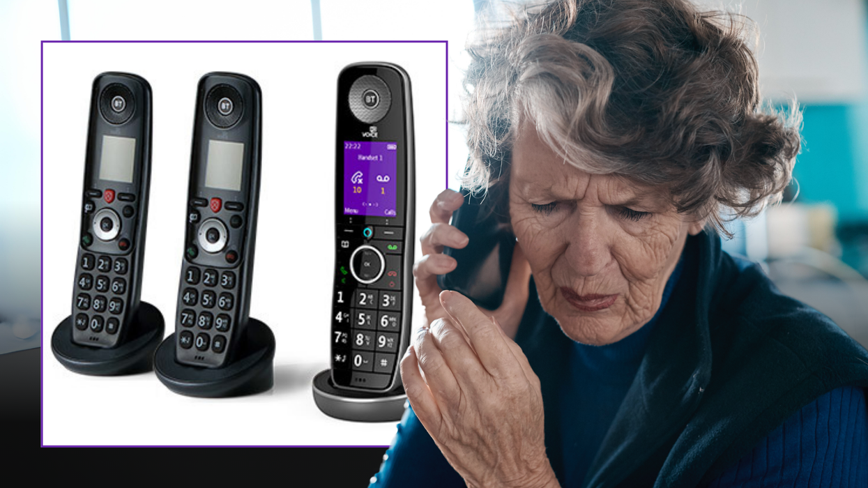 a vulnerable older customer looks sad on the phone with an inset image of BT's digital voice handsets