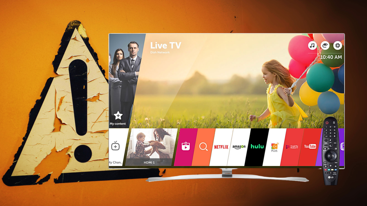 a warning triangle sticker is pictured peeling off a wall with a picture of an LG Smart TV running WebOS superimposed infront of it