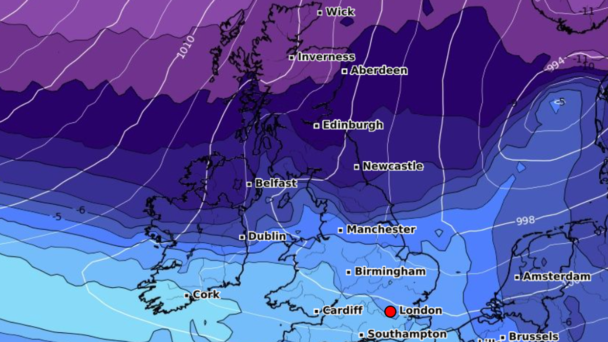 A weather chart showing the cold temperature in Britain