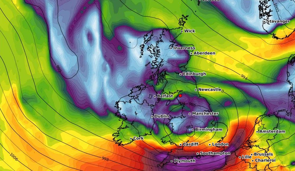 A weather map showing high winds that are expected to hit the UK over the next day.