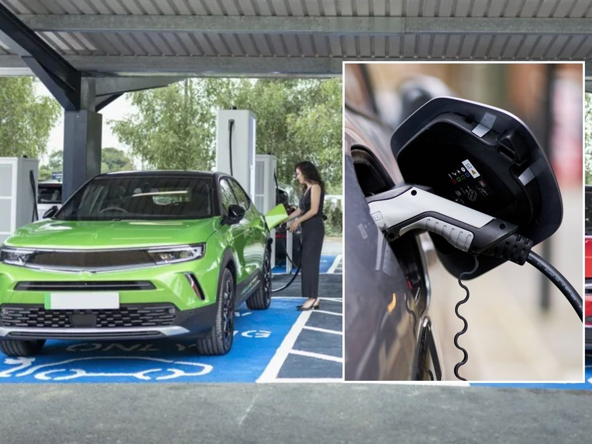 A woman charging an electric car and a
