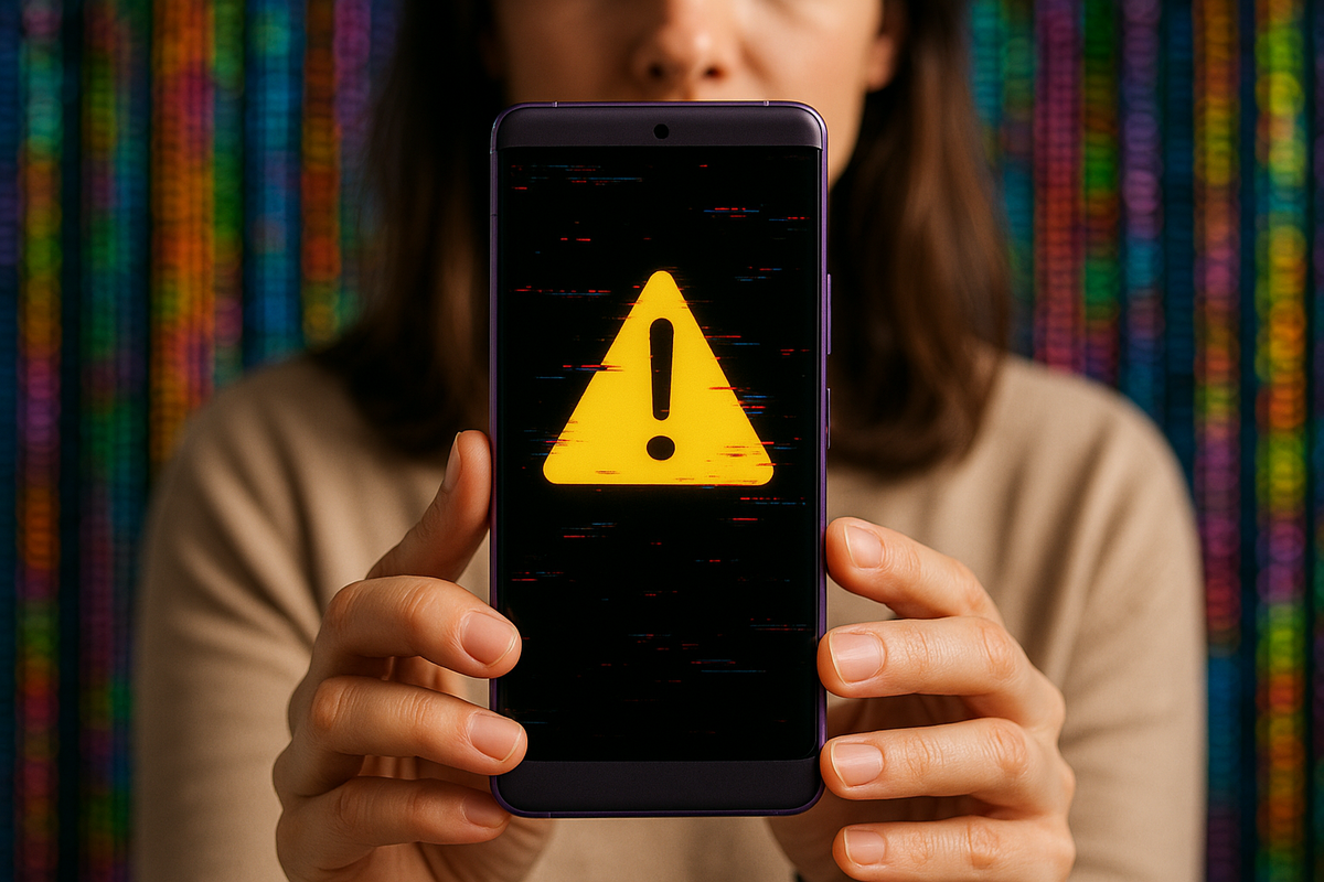 a woman holding a samsung phone at the camera with a warning symbol