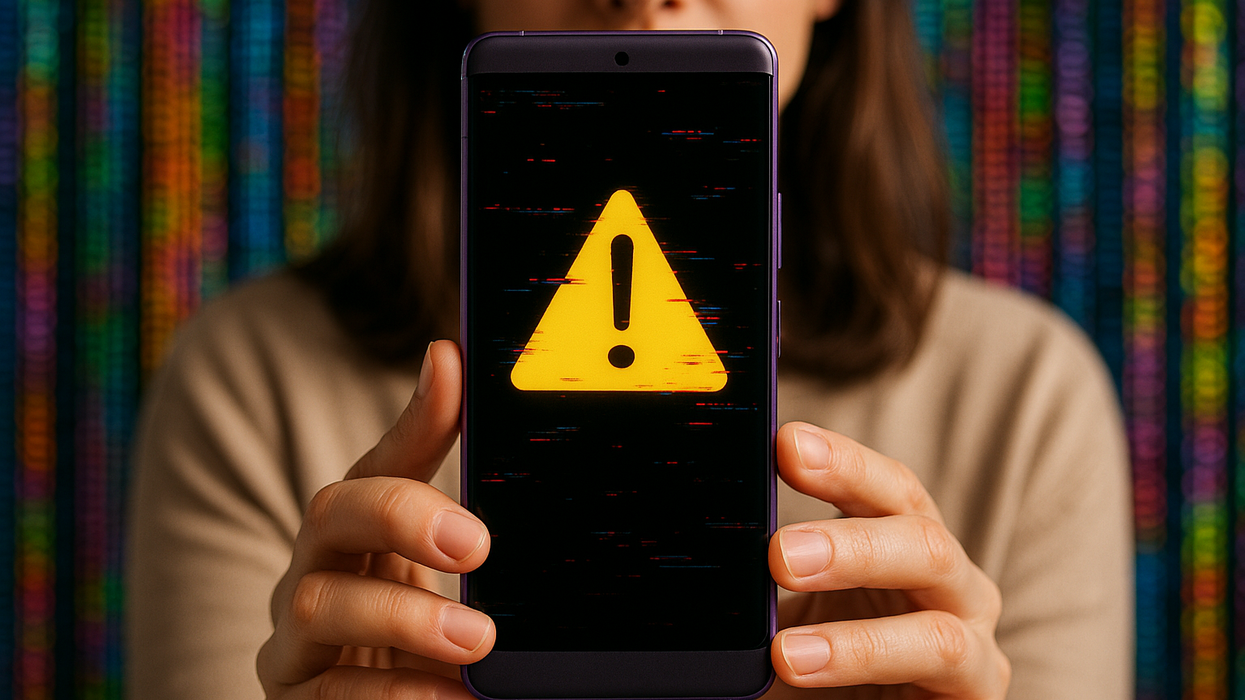 a woman holding a samsung phone at the camera with a warning symbol