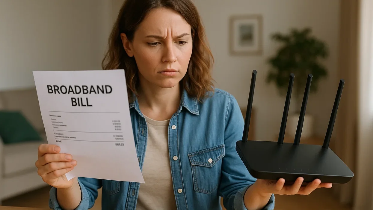 a woman holds a broadband bill on a sheet of paper while looking at her Wi-Fi router with a confused face