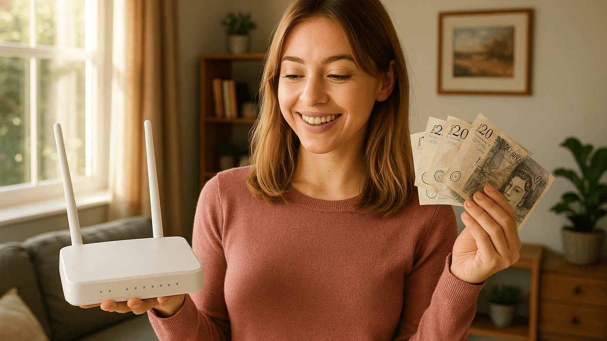 a woman looks at her Wi-Fi router and the free cash she's been sent from Plusnet for switching to a new plan