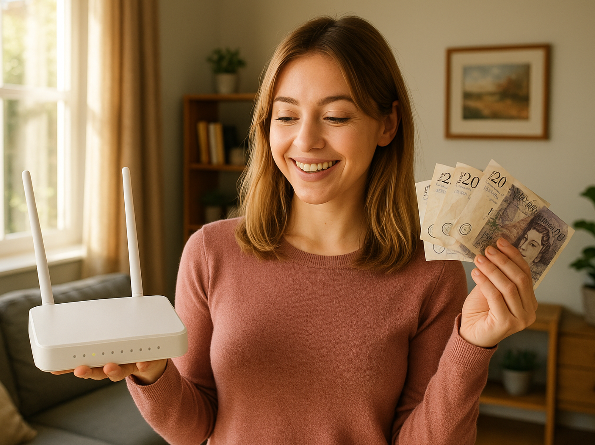 a woman looks at her Wi-Fi router and the free cash she's been sent from Plusnet for switching to a new plan