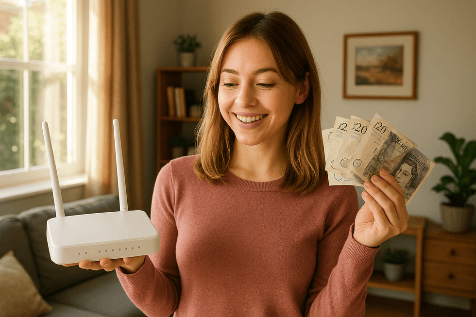 a woman looks at her Wi-Fi router and the free cash she's been sent from Plusnet for switching to a new plan