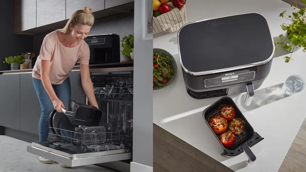 a woman puts the ninja air fryer drawer into the dishwasher