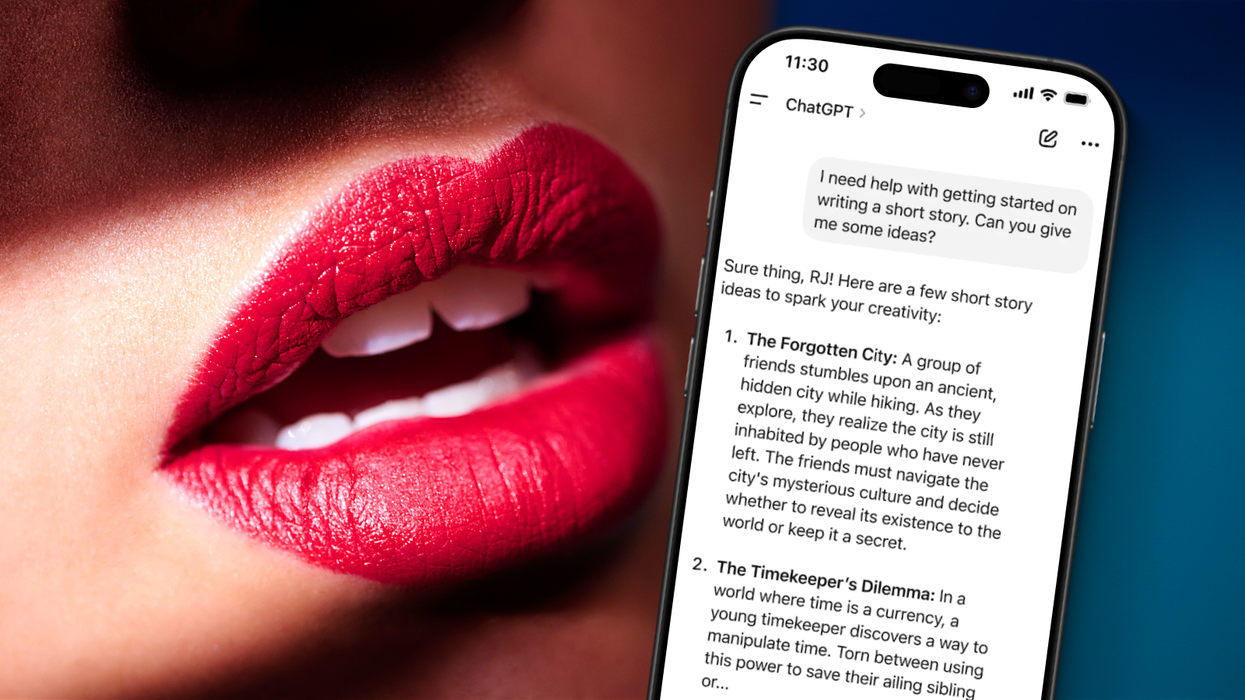 a woman's red lips in the background with a smartphone running ChatGPT pictured in the foreground