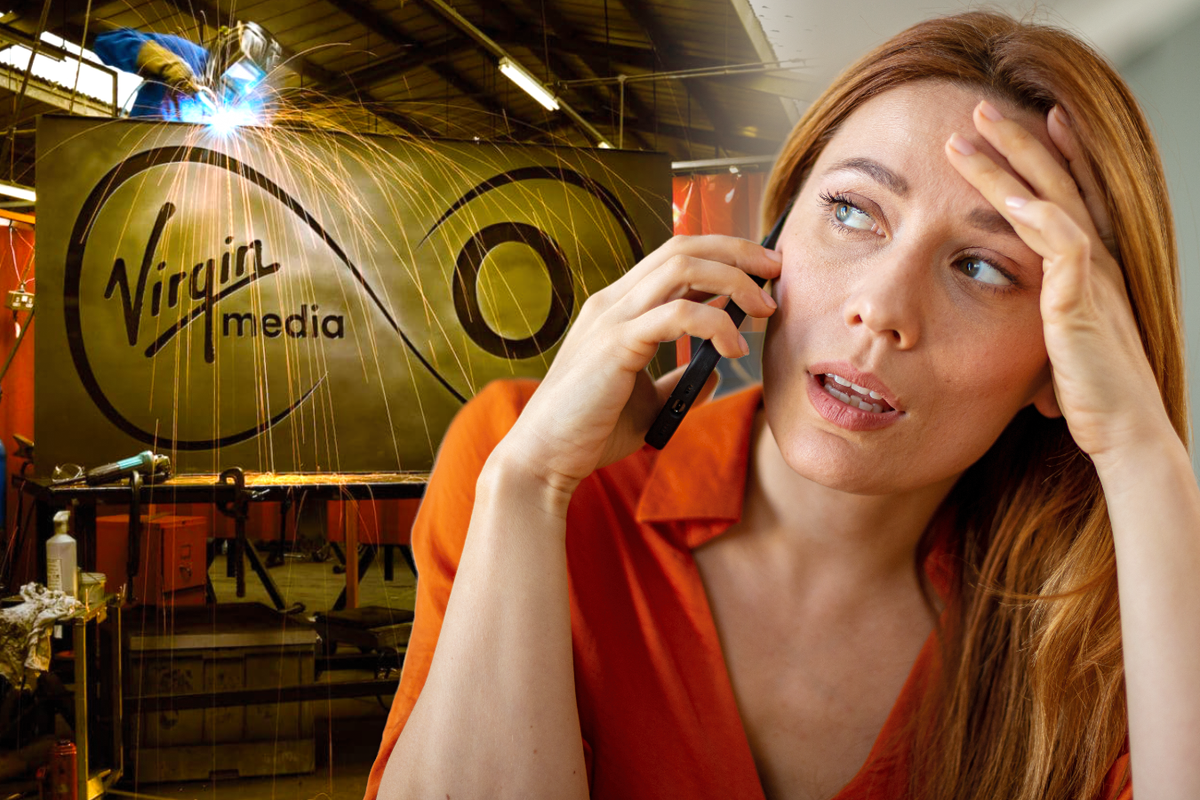 a woman sits with her head in her hands and a virgin media o2 logo in the background