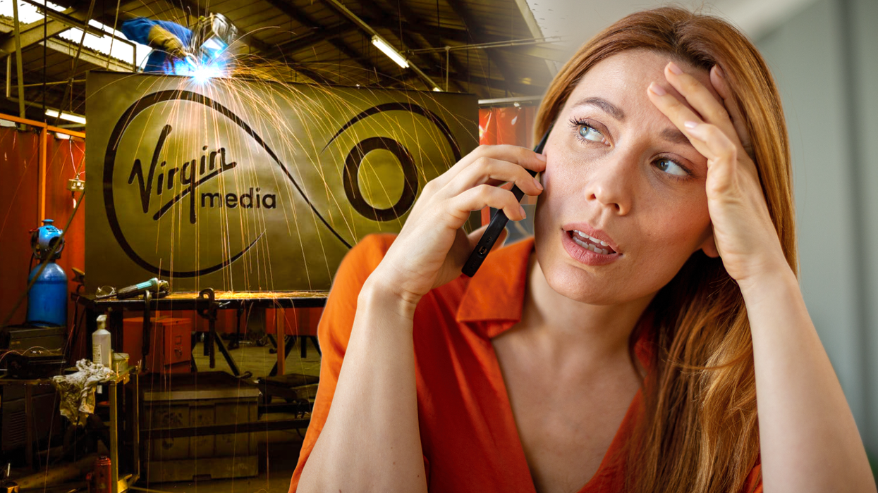 a woman sits with her head in her hands and a virgin media o2 logo in the background