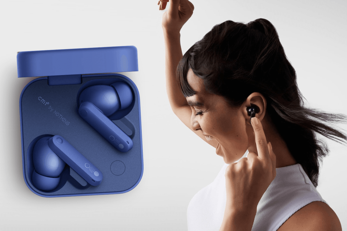 a woman smiles listening to music on the CMF Buds Pro 2 on a grey background with an insert of the carry case