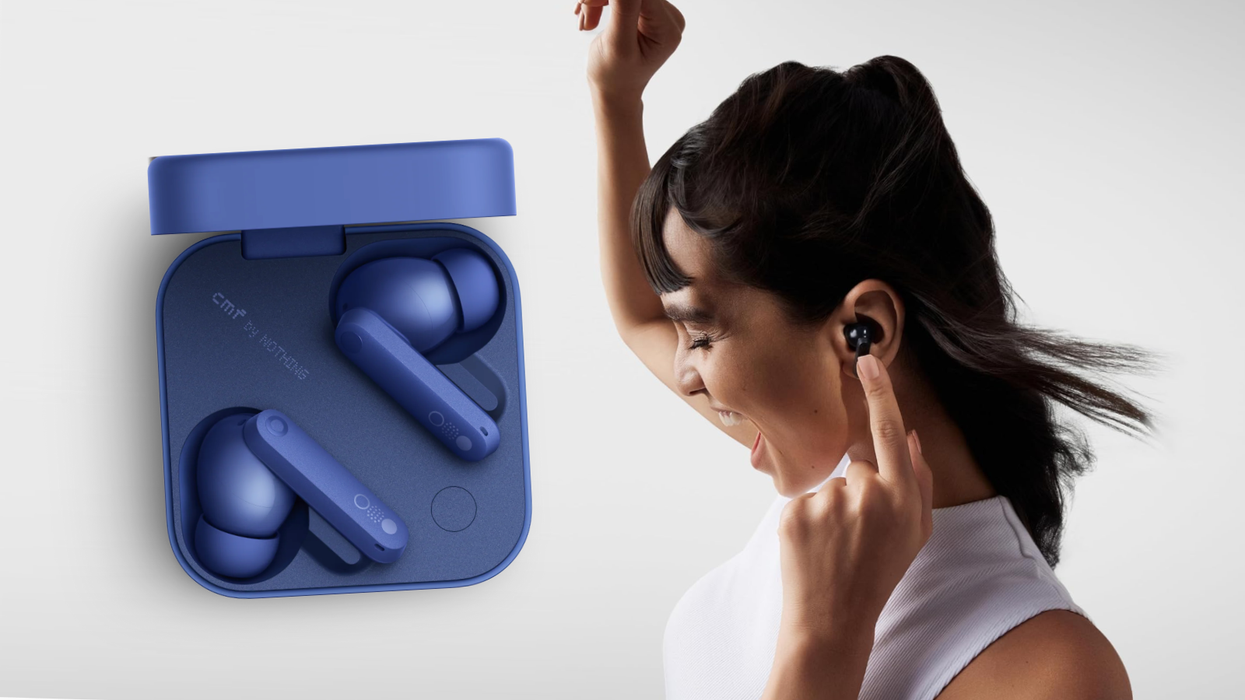 a woman smiles listening to music on the CMF Buds Pro 2 on a grey background with an insert of the carry case