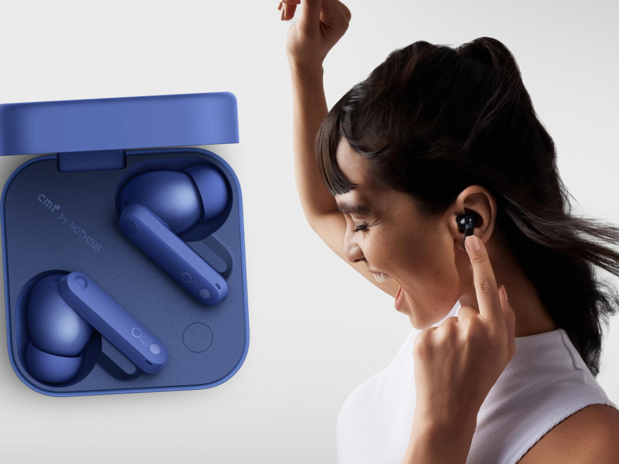 a woman smiles listening to music on the CMF Buds Pro 2 on a grey background with an insert of the carry case