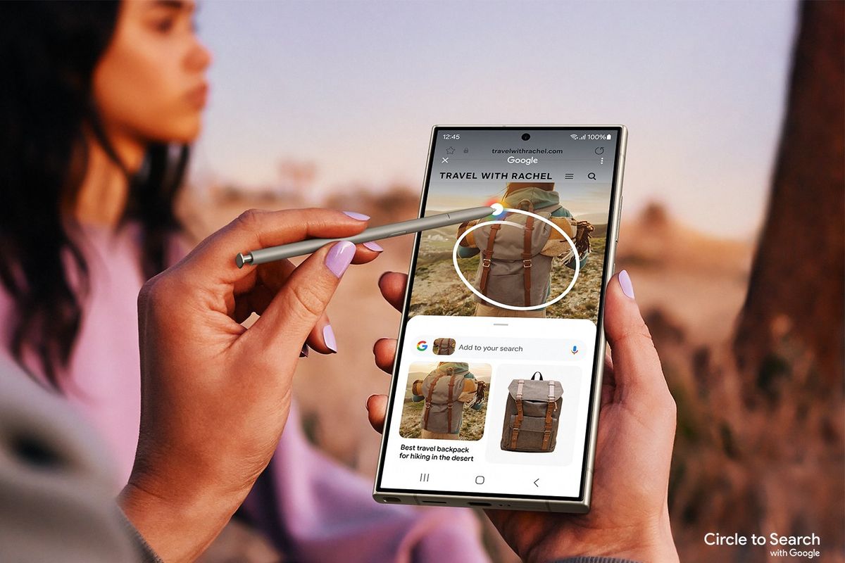 a woman tries out the new circle to search feature built into the galaxy s24 ultra