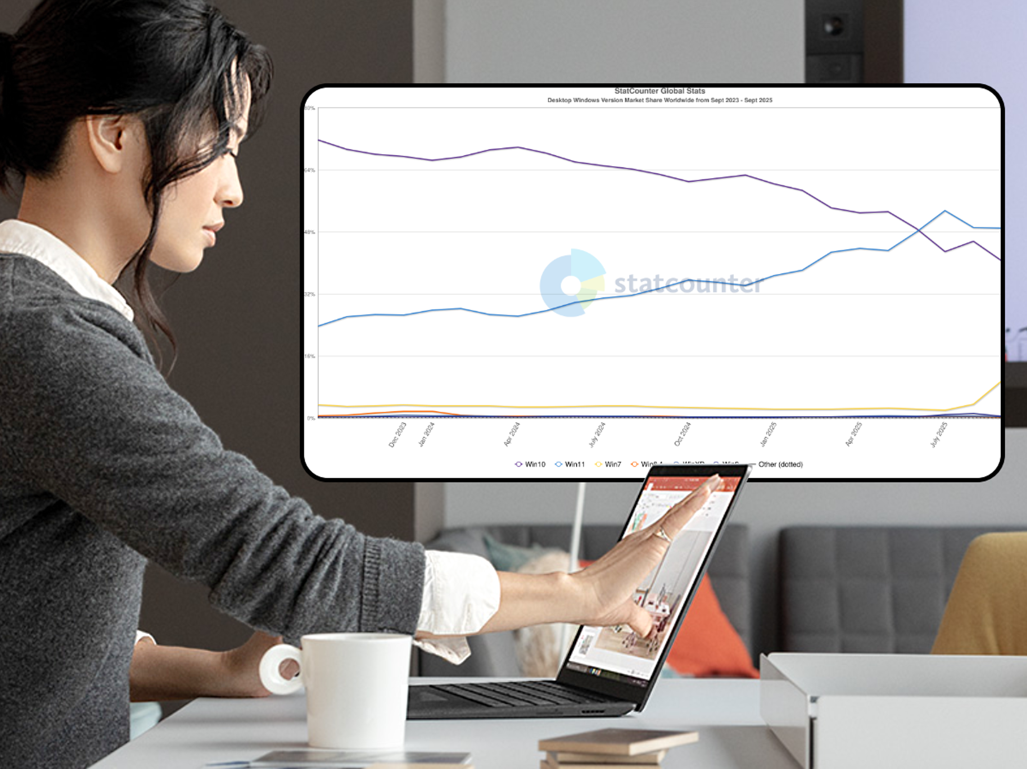 a woman using a windows laptop at her desk