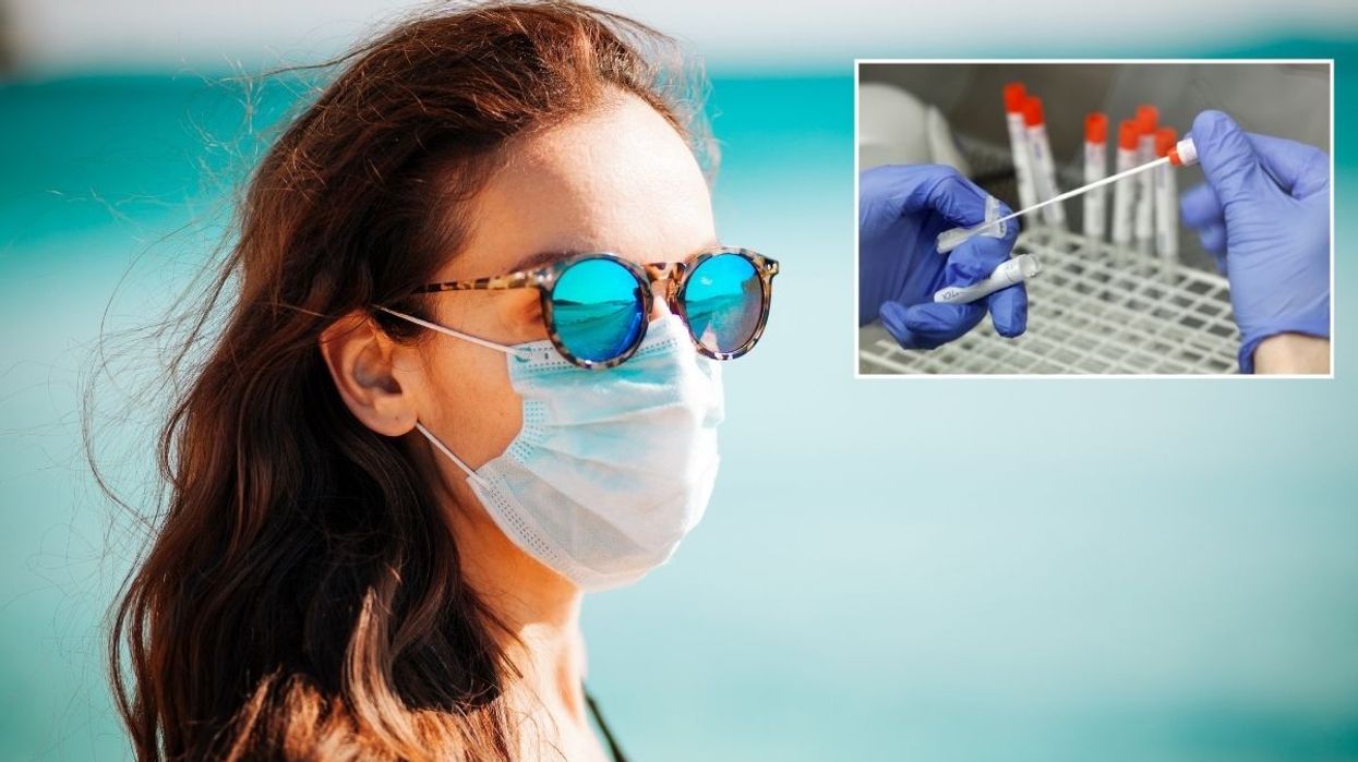 A woman wears a mask and sunglasses and a picture of a PCR test