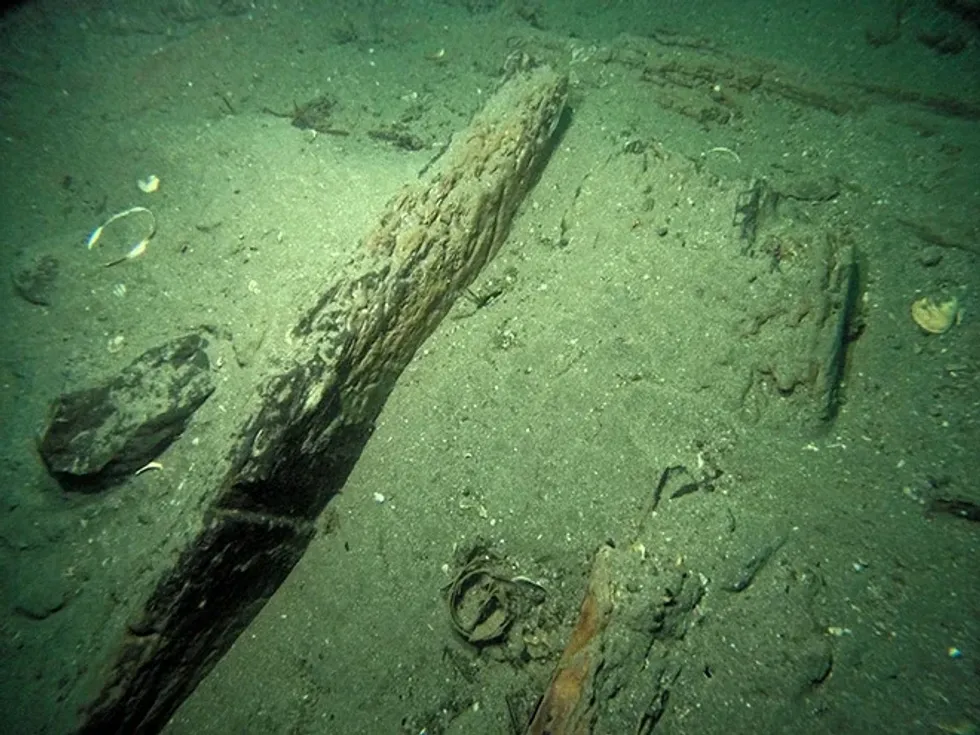 A wooden structure believed to be a bulkhead of the most recently discovered Mongolian ship