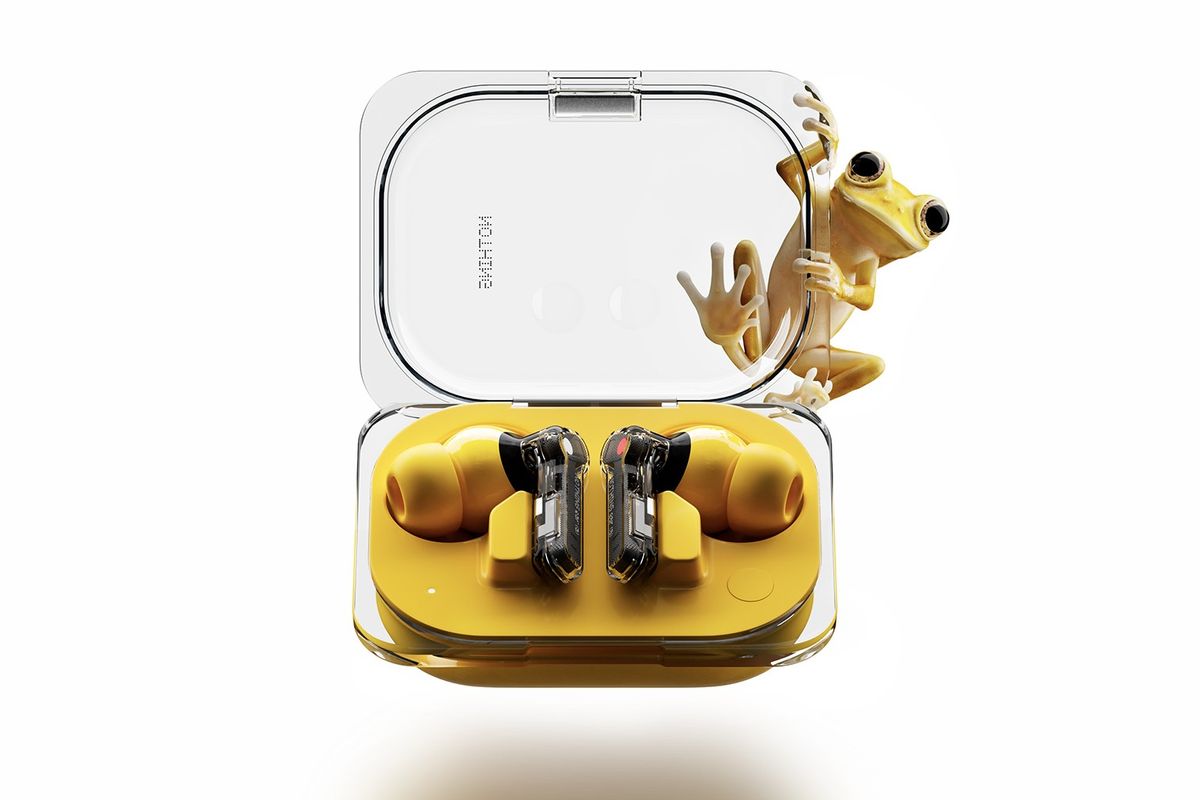 a yellow frog is pictured climbing over the case of the nothing ear 2a 