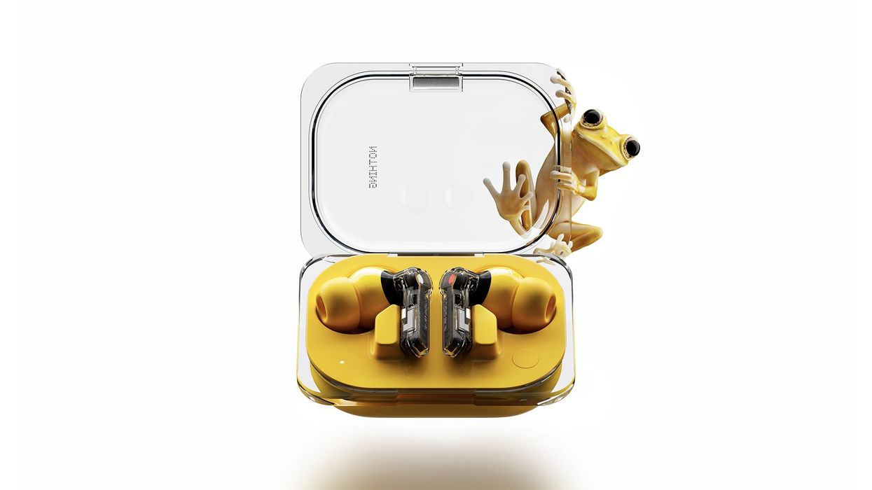 a yellow frog is pictured climbing over the case of the nothing ear 2a