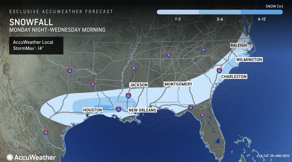 AccuWeather map \u200bshowing east coast has been hit by snowfall this week