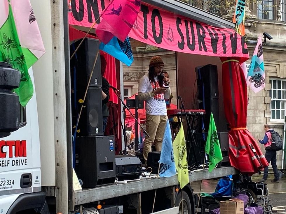 Activist standing in lorry