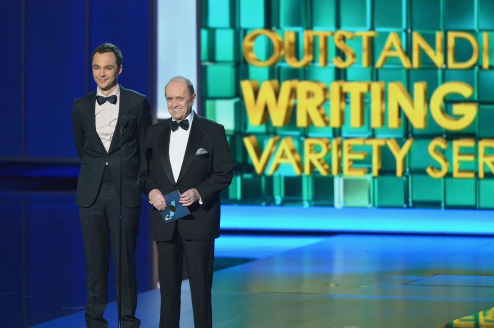 Actors Jim Parsons and Bob Newhart appear onstage during the 65th Annual Primetime Emmy Awards