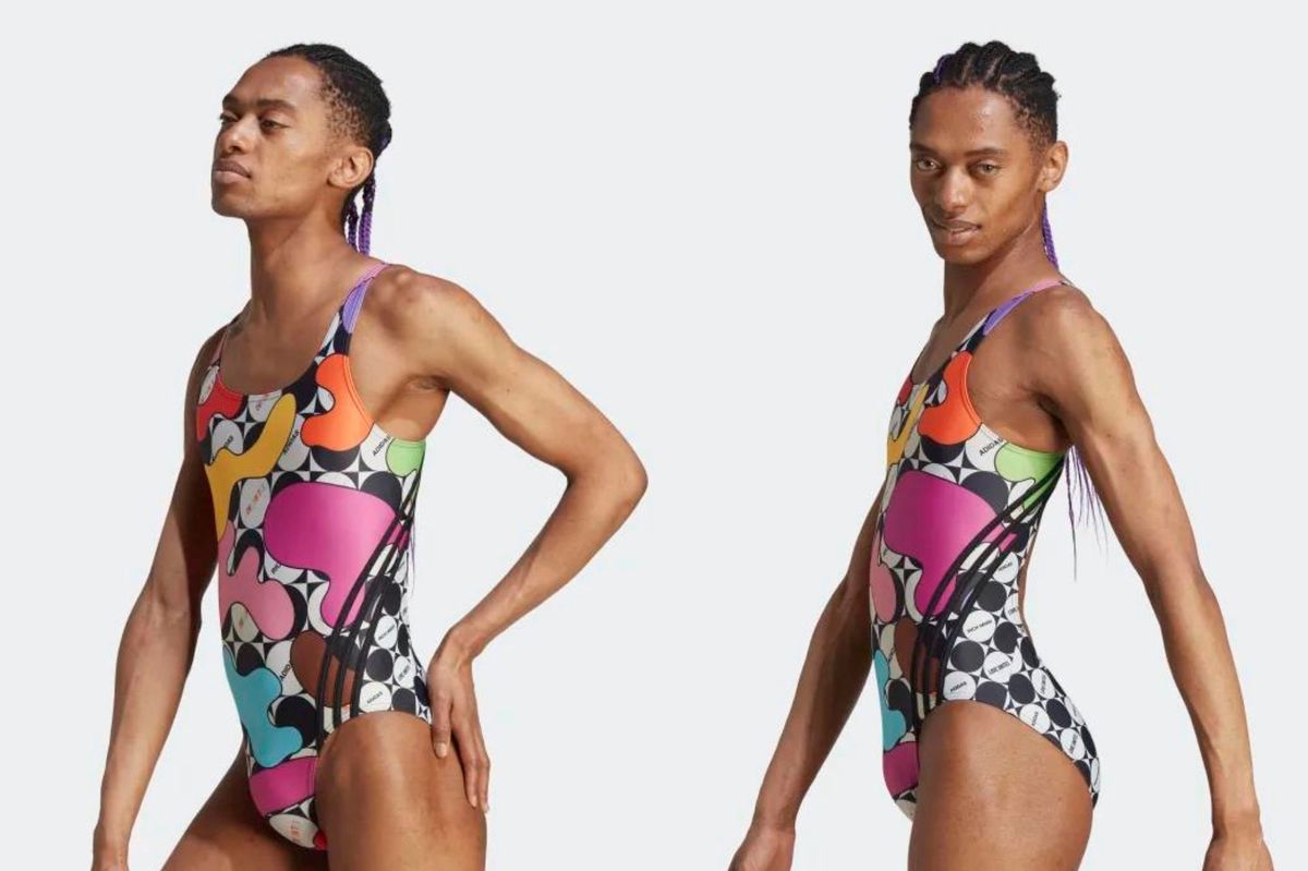Adidas male model in a women's swimsuit