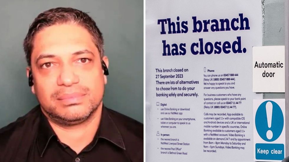 AI entrepreneur Piers Linney and NatWest bank branch closure sign