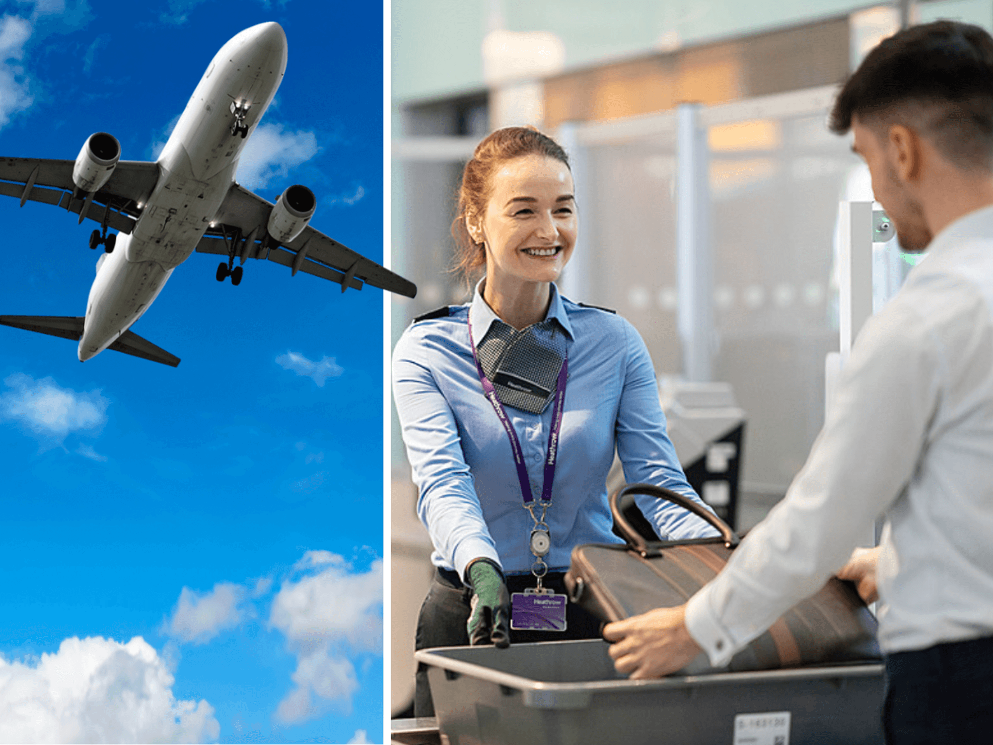 Airplane in the sky / Security at Heathrow Airport