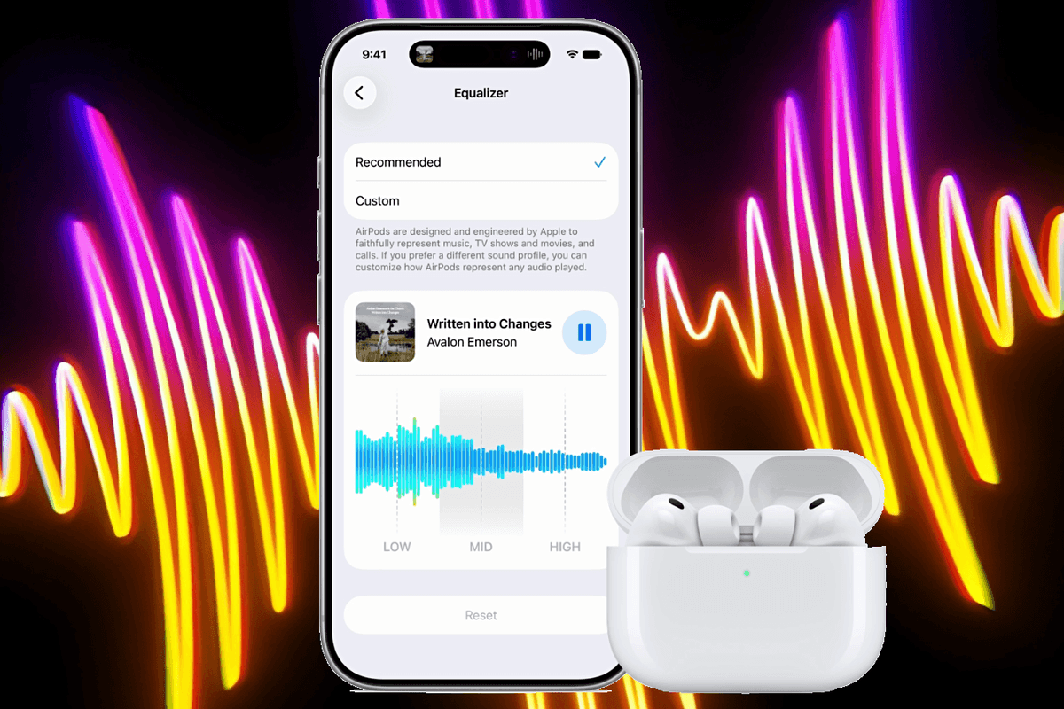 AirPods Pro 2 with soundwave in the background