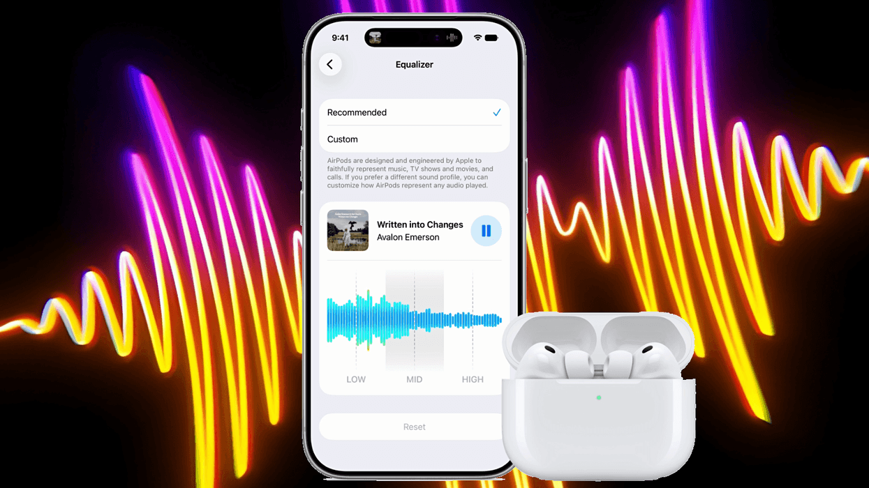 AirPods Pro 2 with soundwave in the background
