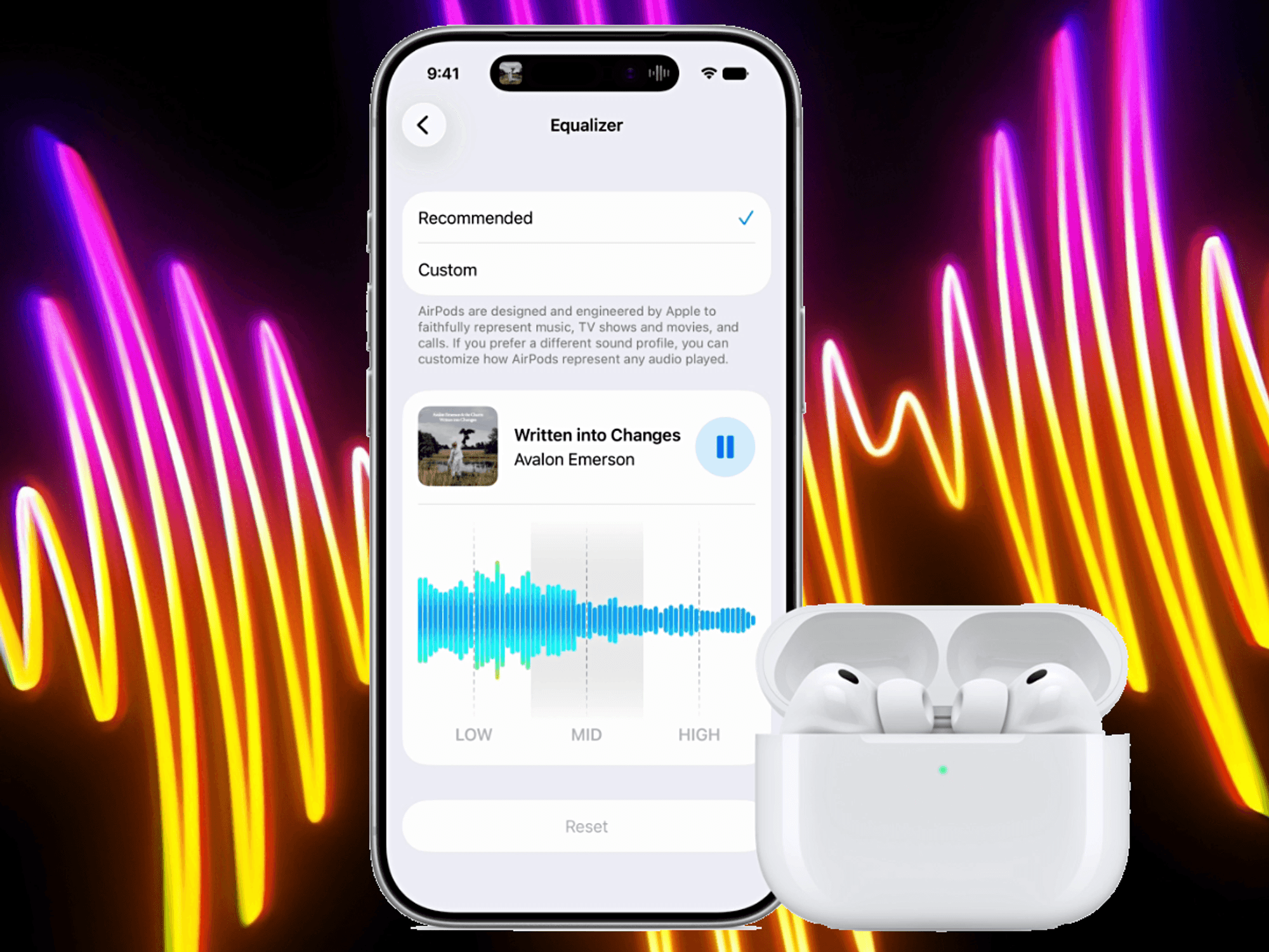 AirPods Pro 2 with soundwave in the background
