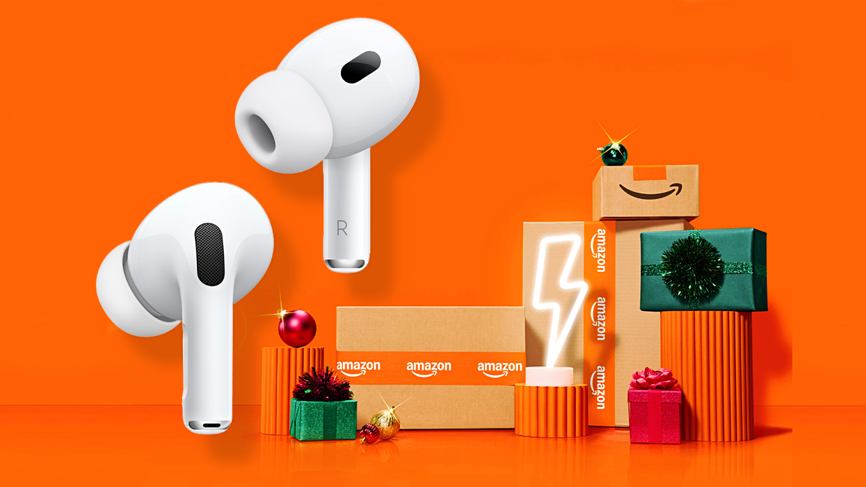 AirPods Pro on an orange background with Amazon parcels