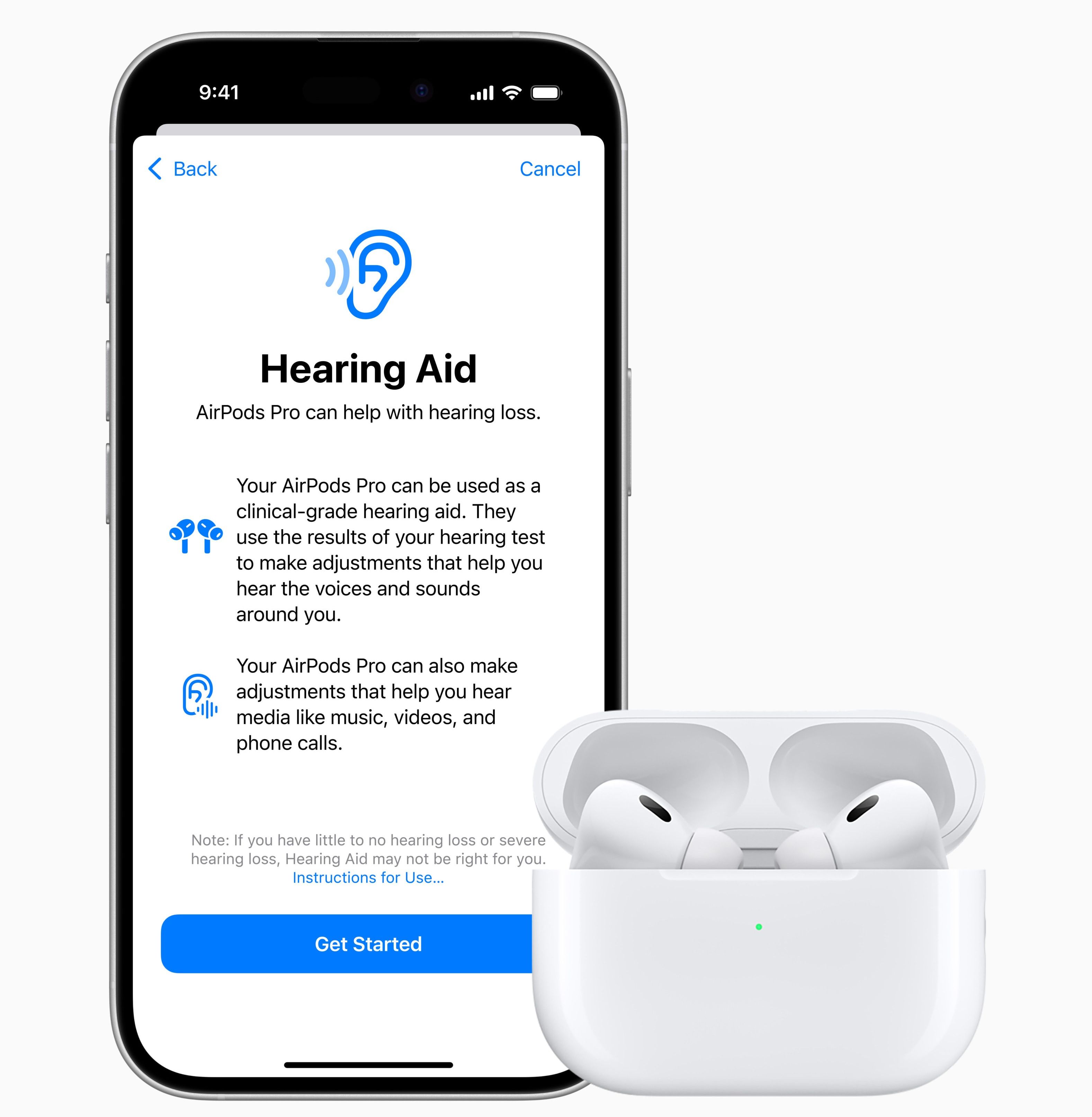 airpods pro with new hearing aid settings shown on an iphone