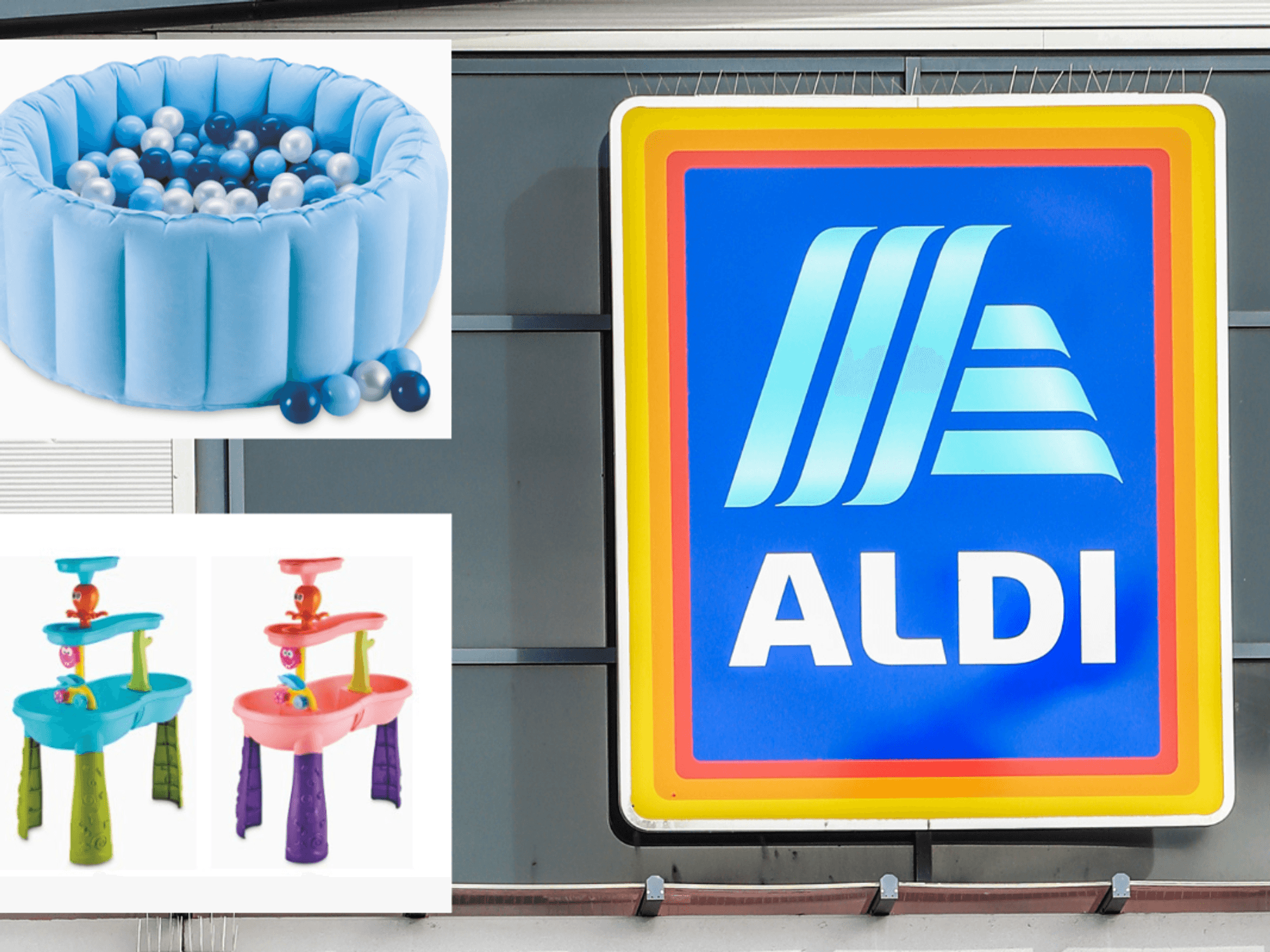 Aldi children's outdoor play equipment / Aldi store sign