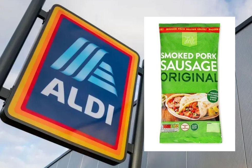 Aldi shop sign and deli sausages
