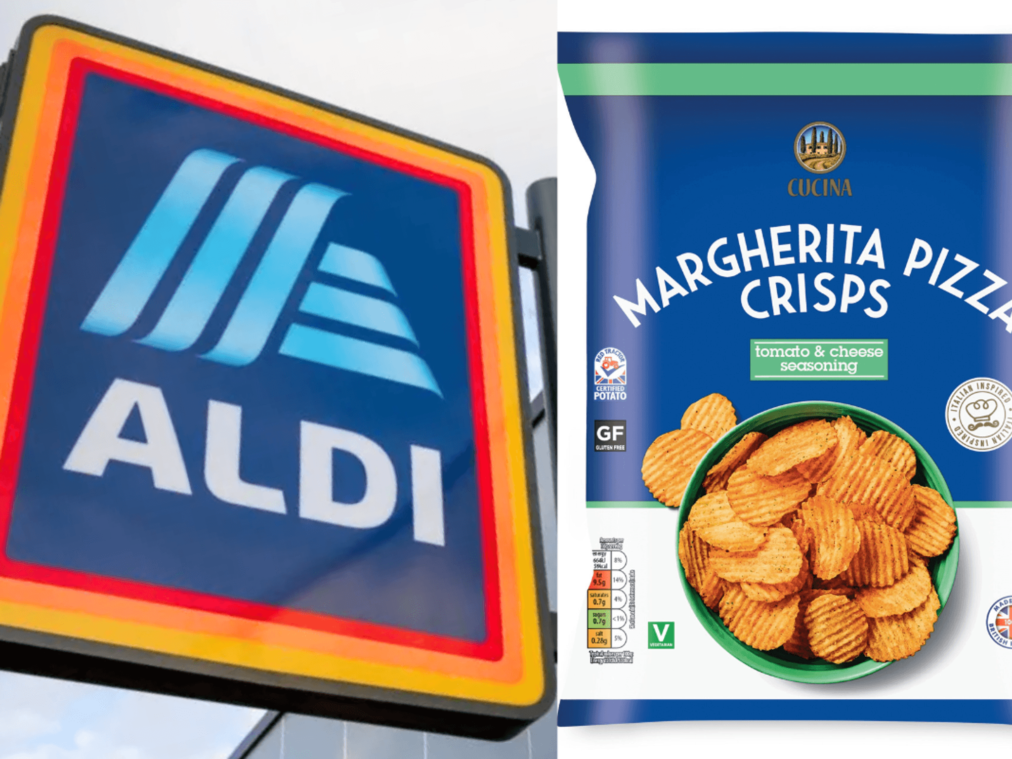 Aldi sign / Aldi Margherita Pizza crisps
