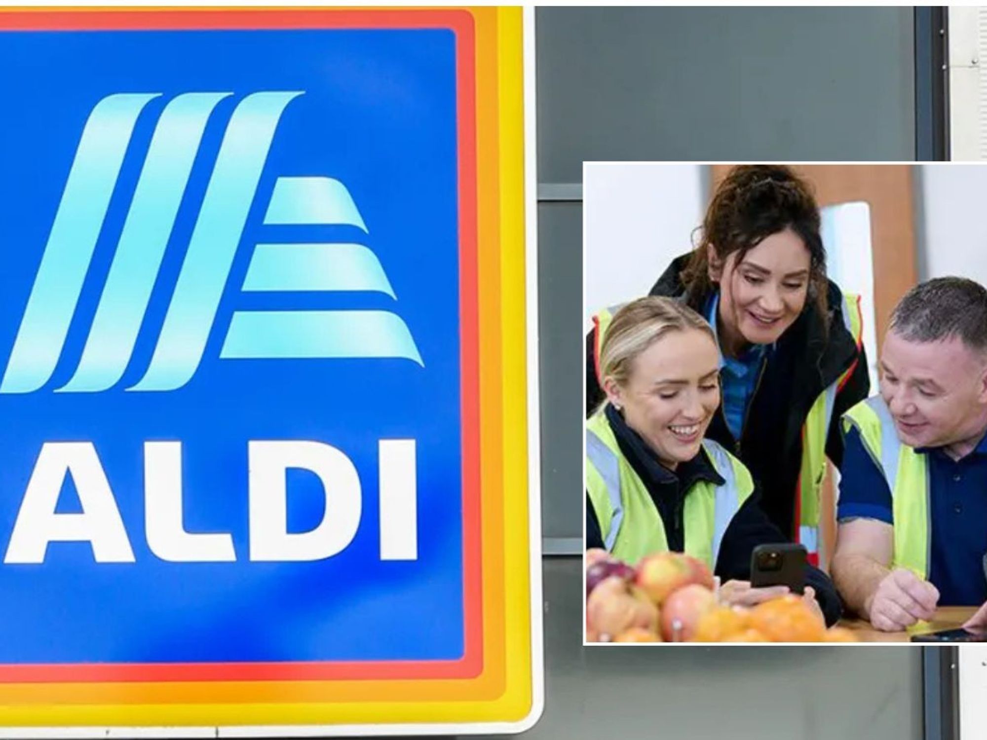 ALDI sign alongside ALDI workers