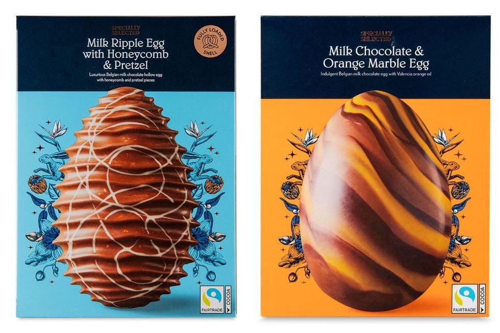 Aldi Specially Selected Belgian Milk Ripple Egg With Honeycomb & Pretzel / Aldi Specially Selected Milk Chocolate & Orange Marble Egg