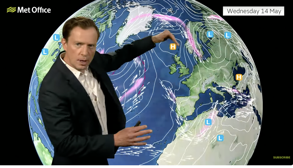 Alex Deakin pointing to high pressure north of Britain