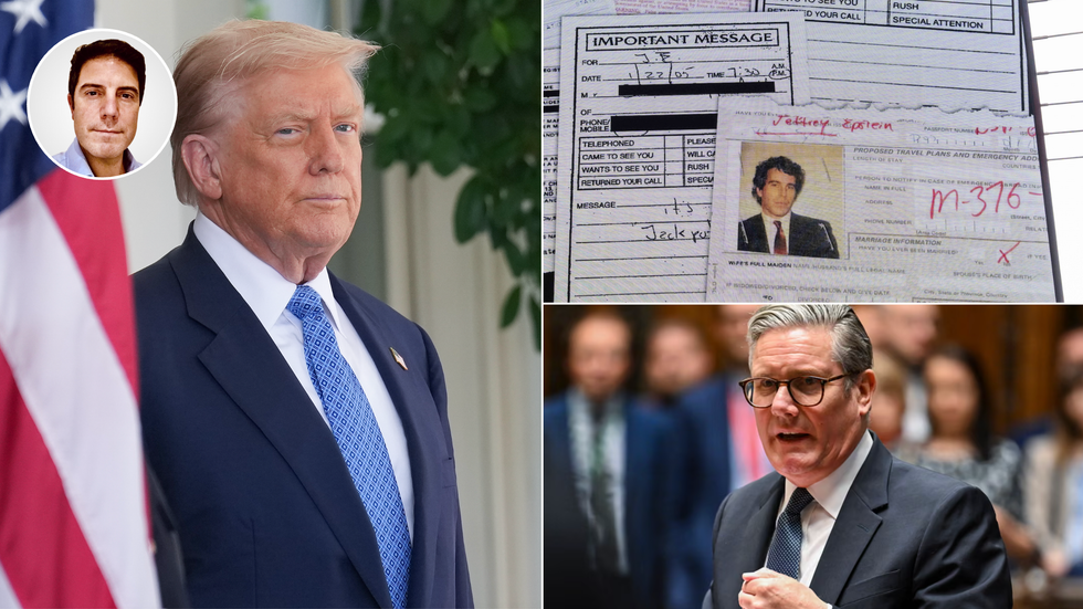 Alex Story (far left), Jeffrey Epstein (second left in), Barack Obama (top right), Keir Starmer (bottom right)