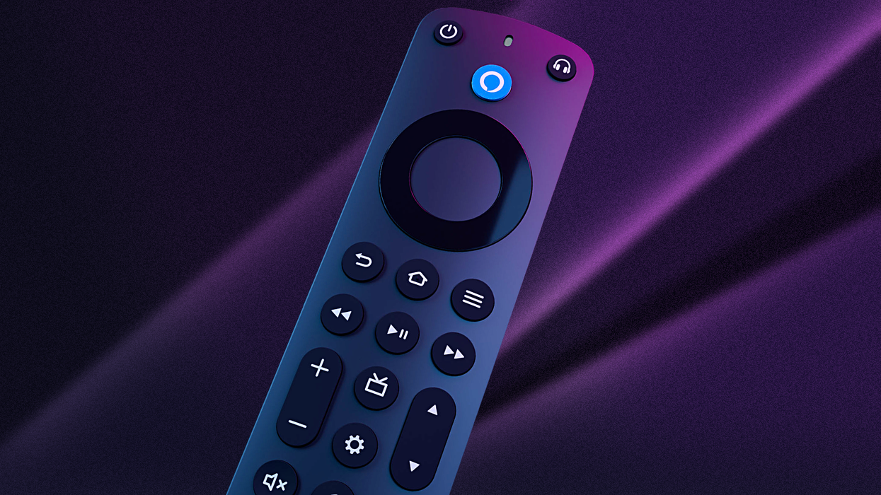 alexa voice remote pro for fire tv pictured on its side with a colourful background with the gbn logo