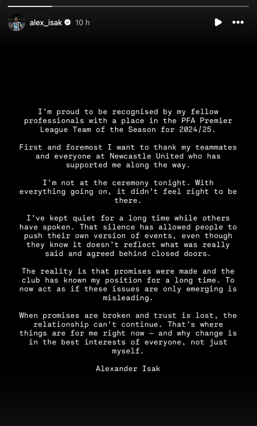 Alexander Isak releases bombshell statement