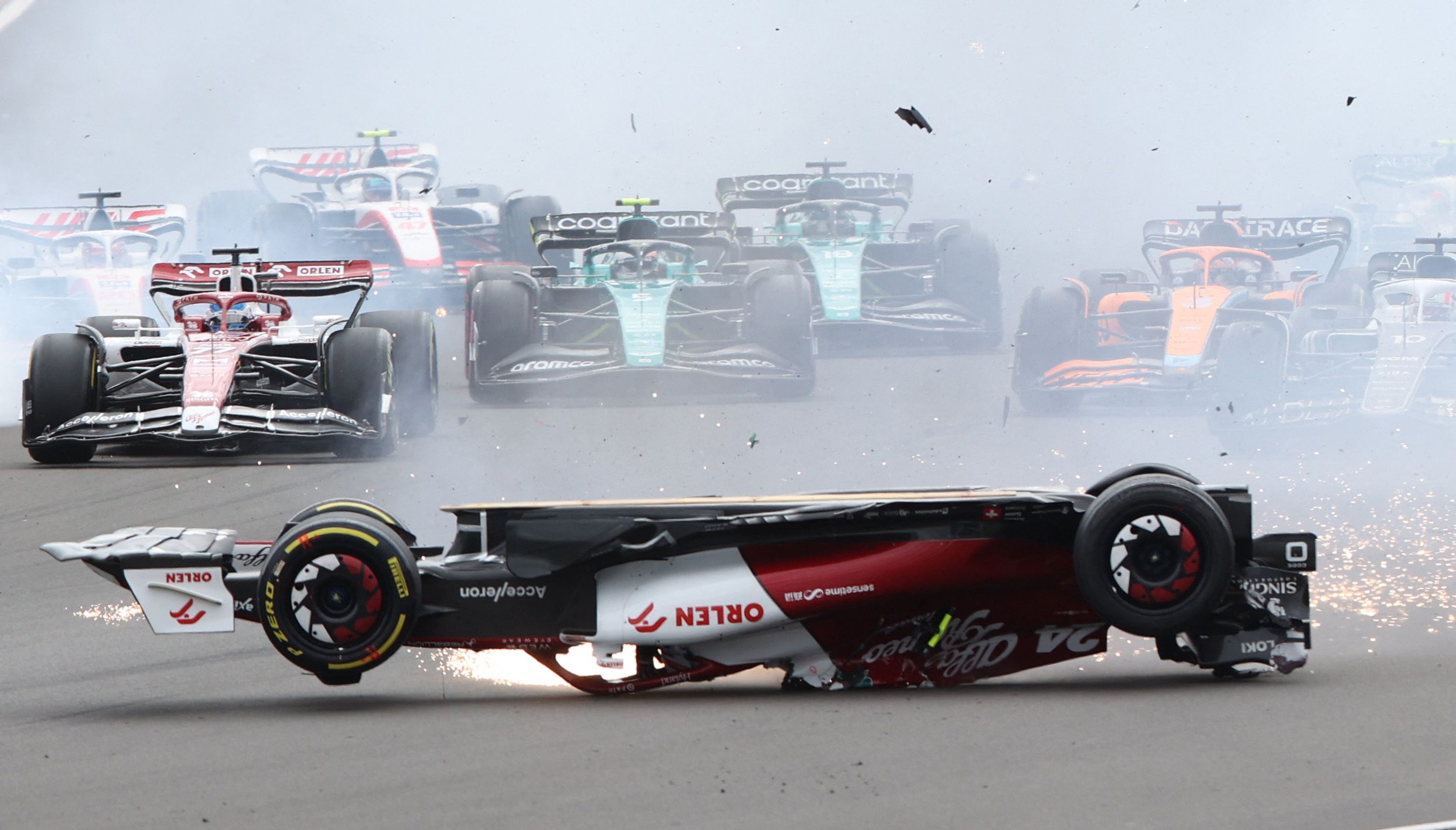 Alfa Romeo's Guanyu Zhou crashes out at the start of the race