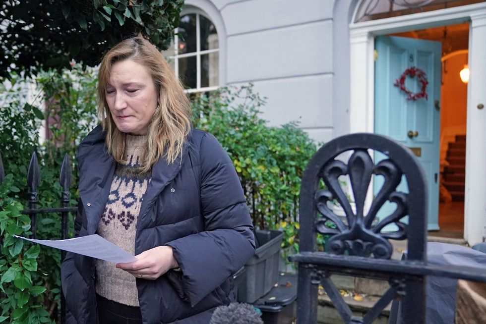 Allegra Stratton speaking outside her home in north London where she announced that she has resigned as an adviser to Boris Johnson and offered her \%22profound apologies\%22 after footage emerged of her when she was the Prime Minister's spokeswoman at a mock news conference apparently showing Downing Street aides joking about a Christmas party held during last year's lockdown