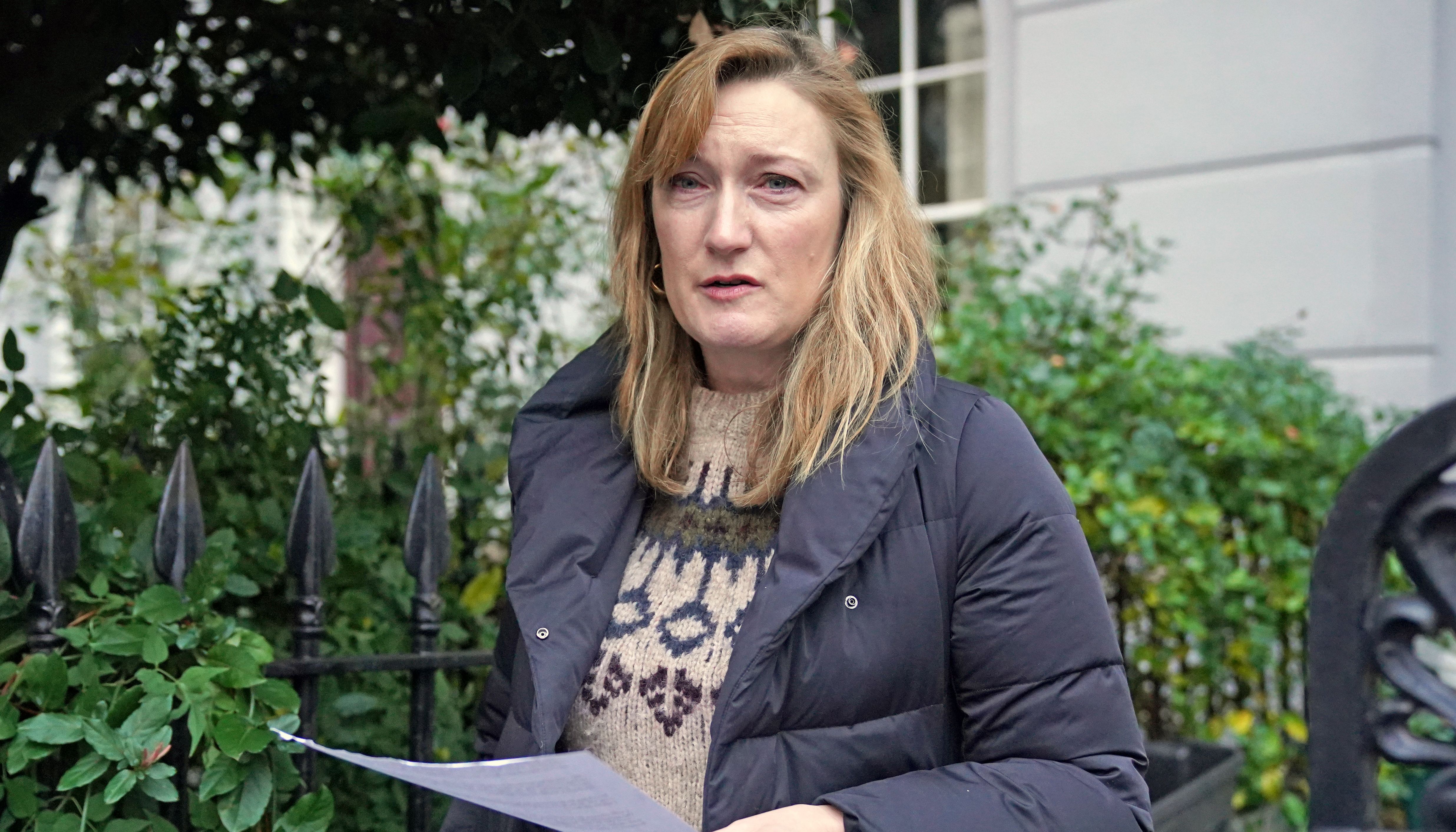 Allegra Stratton speaking outside her home in north London where she announced that she has resigned as an adviser to Boris Johnson and offered her %22profound apologies%22 after footage emerged of her when she was the Prime Minister's spokeswoman at a mock news conference.
